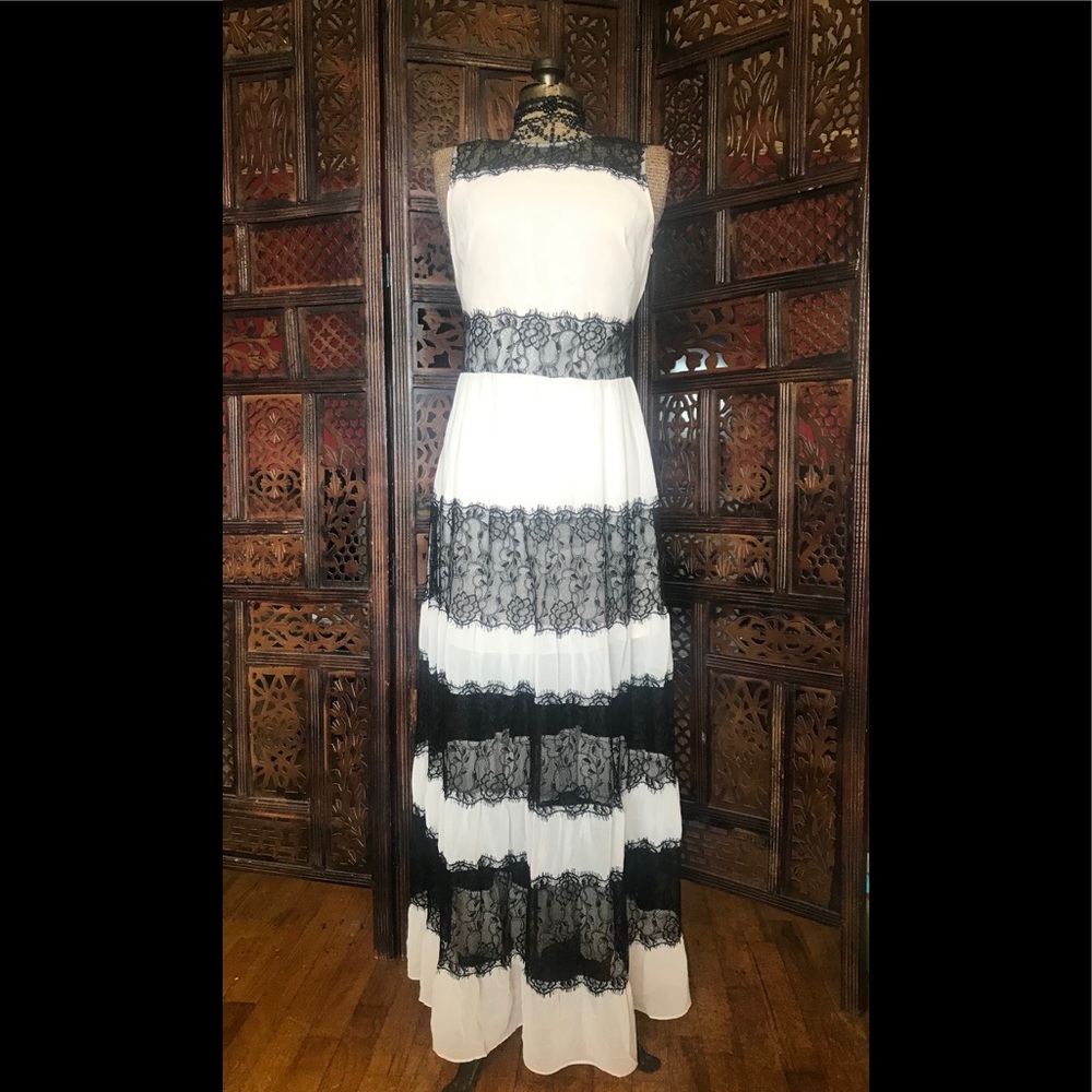 Bebe pale pink and black lace maxi dress 6